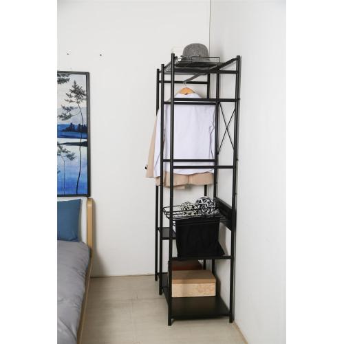 clothes rack with black metal display