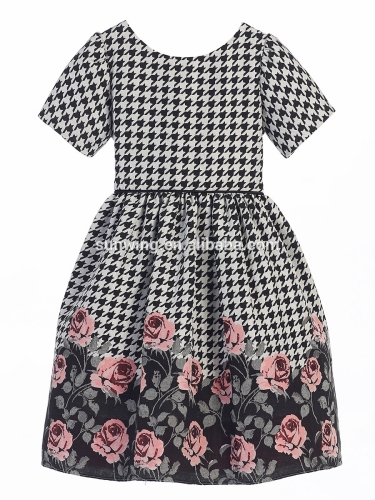 Pink & Champagne Houndstooth Rose Print Jacquard Dress