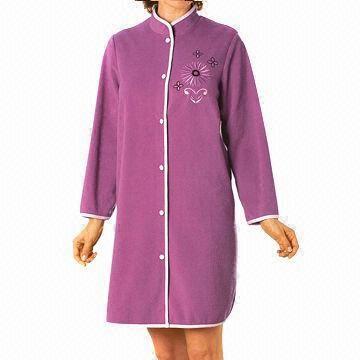 Fashionable Women's Polar Fleece Morning Gown with Embroidery, Open Button Placket and Soft Handfeel