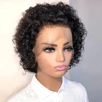 Shmily Perruque Pixie Cut Wig Human Hair Curly Bob Short Pixie Cut Lace Wig Bleached Knots Lace Frontal 13X1 Pixie Curls Wig