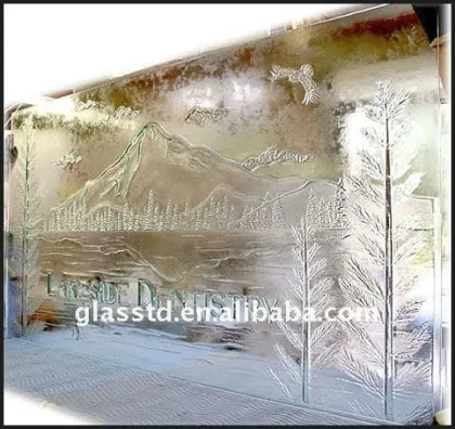 carved decorative glass partition with landscape painting