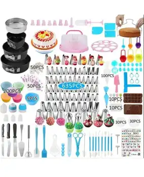 Complete Baking and Cake Decorating Kit: 635-Piece Set including Stainless Steel Turntable, Non-Stick Bakeware, Decorating Mouths, and More