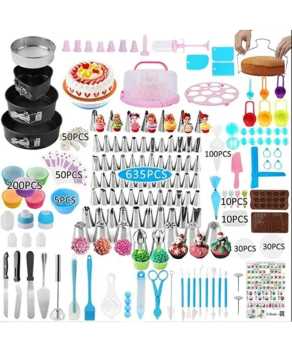 Kit di decorazione da cottura e torta completa: set da 635 pezzi tra cui giradischi in acciaio inossidabile, bakeware antiaderente, decorazioni bocche e altro ancora