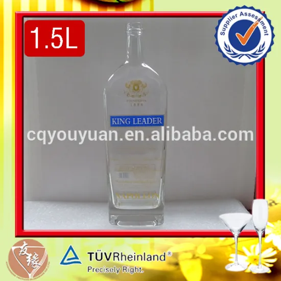 Fashionable lead free glass brandy liquor transparent glass cork bottle 1.5 liter