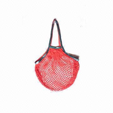Net Shopping väska i rött, med blå MAXAD i handtag och sidor, hållbar