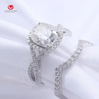 Platinum Plated Cushion Cut Halo Moissanite Engagement Ring