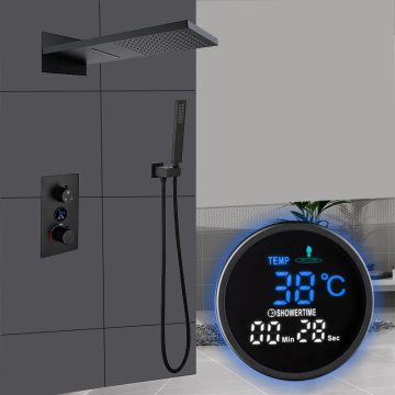 Modern Black Digital Temperature LED Display Concealed Mounted Bathroom Rainfall Waterfall Shower System Set: Enhancing Your Shower Experience