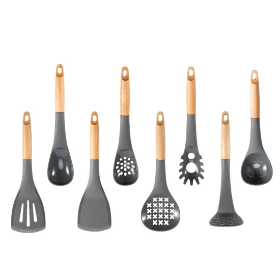 Kitchen 8-Piece Non-Stick Nylon Utensil Set with Rounded Wood Handles: Ideal for Cooking and Baking