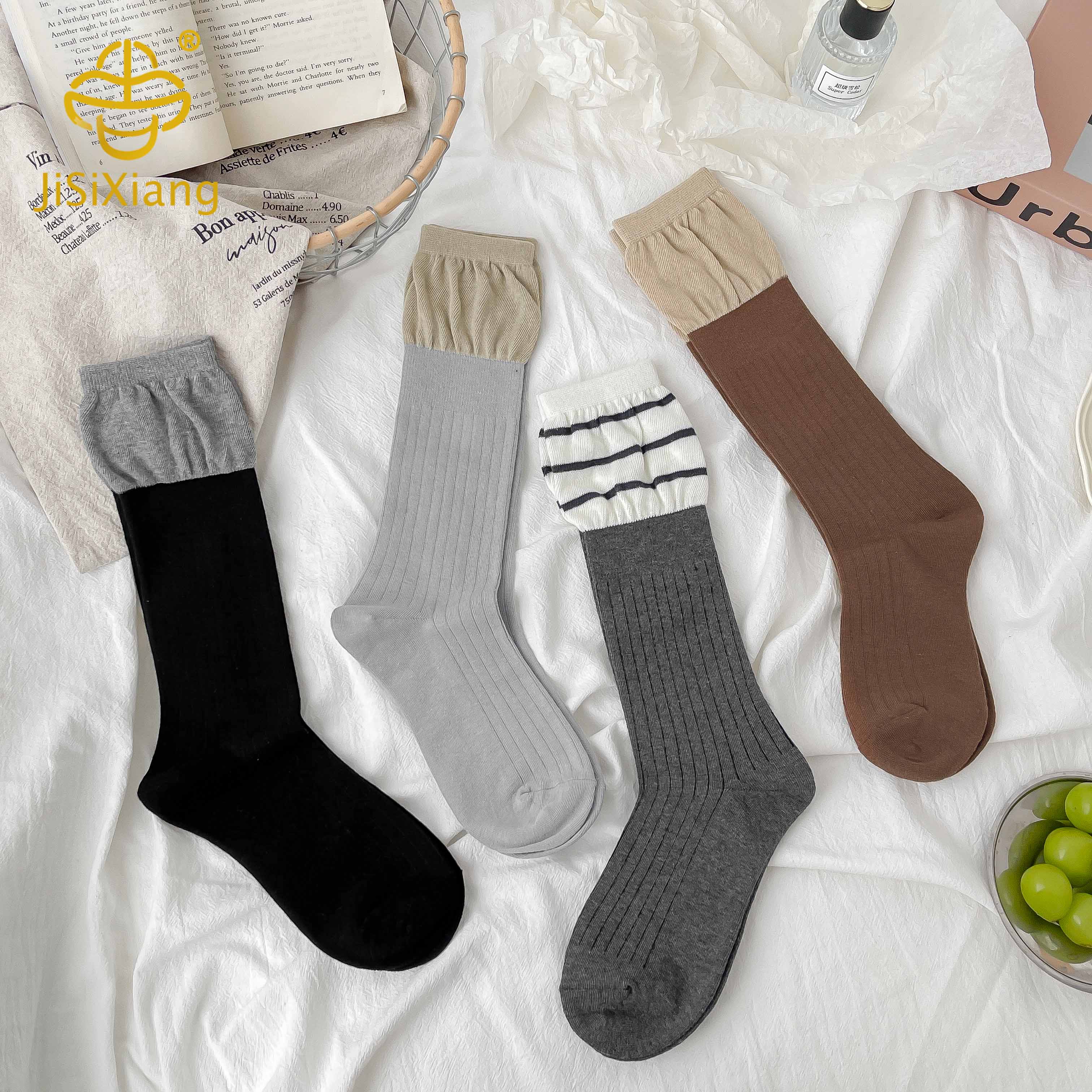 Two-color stitching fake two-piece high sock