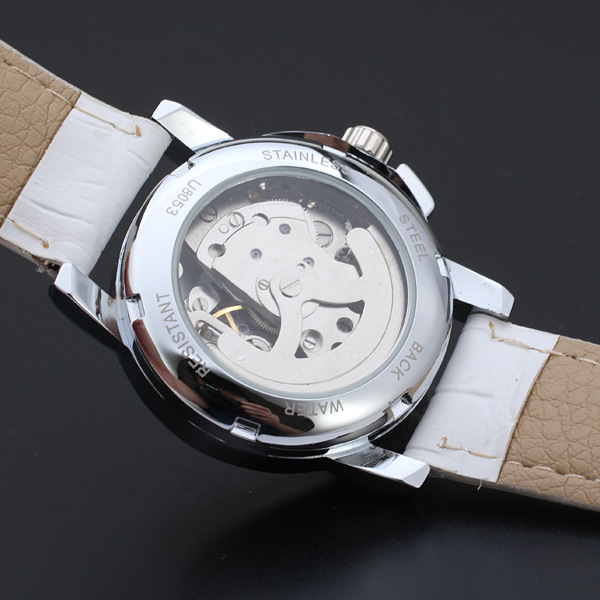 casual style mechanical watch with diamond master dial white leather band