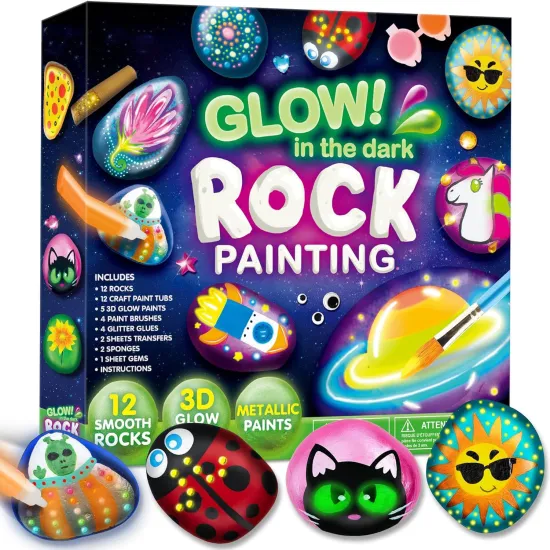 12 Piece Rock Painting Kit: Glow-in-the-Dark Arts and Crafts for Kids Aged 6-12 - Includes Art Supplies & Craft Paint Kits