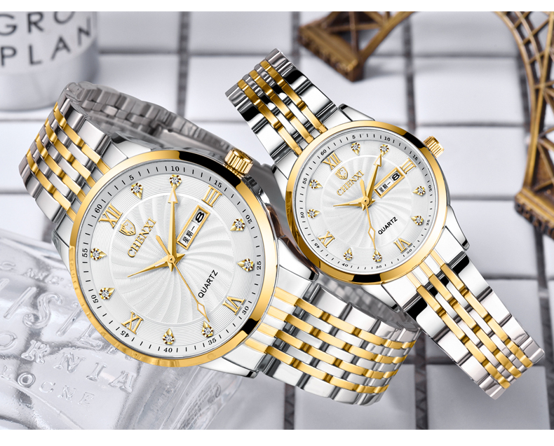 CHENXI 8212A-QL Luxury Couple Quartz Watch Set - Gold Stainless Steel