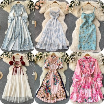 2025 Summer New Small Splicing Long Skirt French Square Collar High Waist Drawstring Dress for Women - Factory Wholesale