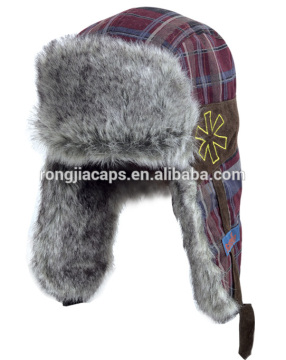 multi colour checked fabric winter hat with synthetic fur