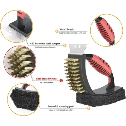 2-in-1 BBQ Grill Brush with Plastic Handle, Black Nylon Bristles and Grill Scraper