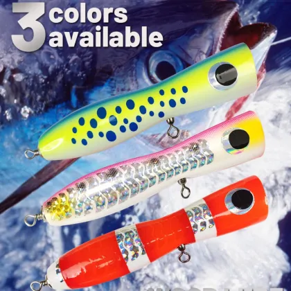 OEM 100G-120G TopWater Luya Multicolored Wood Fish Treble Hooks Sea Floating Popper Bait