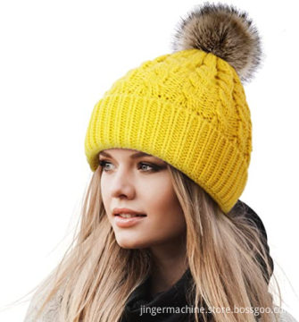 Beanies with Pom Slouchy Knit Cuffed Caps