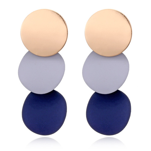 Hoop &huggie earrings Round Button Dangle Stud - Triple Gold Blue Acrylic Matte Paint Curved Discs Drop Jewelry Gift for Women