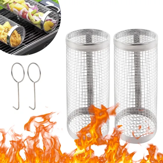 Rolling Grilling Basket for outdoor grilling 304 Stainless Steel Round Grill Basket Mesh for Fish Shrimp Meat Vegetables