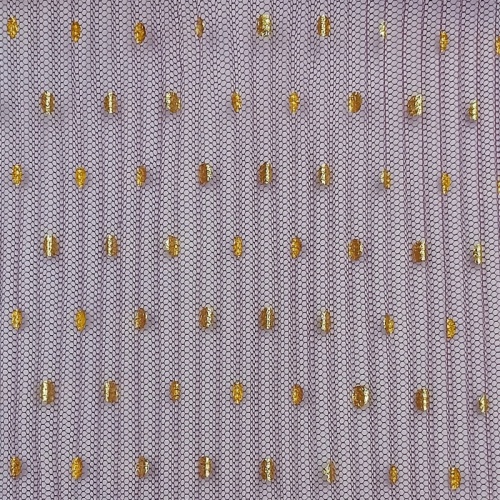 Tessuto in tulle increspato con stampa laminata a pois dorati