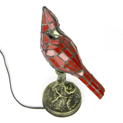 LongHuiJing Small Vintage Tiffany Style Stained Glass Red Cardinal Accent Table Lamp