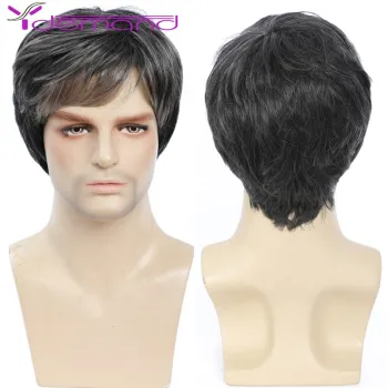 Y Demand Middle-Aged And Elderly Wigs Short Hair Fluffy Wig Straight Black And Gray Mixed Color Wholesale Synthetic Handsome