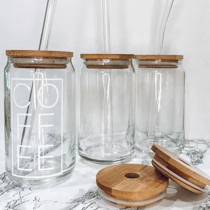 Best Seller: Custom Logo Coffee Glass Tumbler - 16oz Libbey Classic Soda Beer Glass with Bamboo Lid and Glass Straw