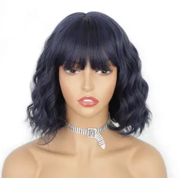 Short Bob Wavy Wigs With Bangs Mixed Navy Blue Curly Wigs For Women Natural Looking Synthetic Heat Resistant Fiber Wig For Daily