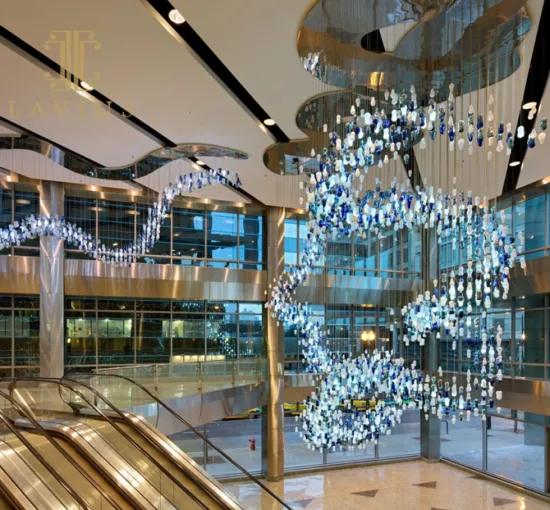 Large long chandelier used in shopping mall lobby