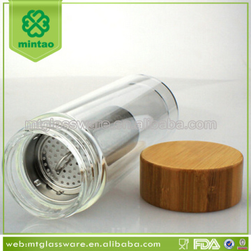 400ml Double layer water bottle with bamboo lid and stainless steel filtered