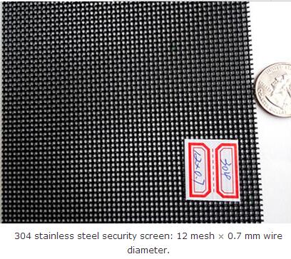 304 stainless steel security screen: 12 mesh × 0.7 mm wire diameter.