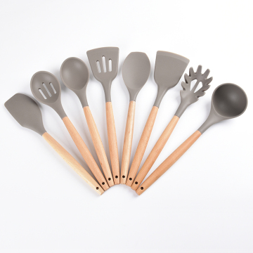 8 piece silicone set wooden kitchen utensil set