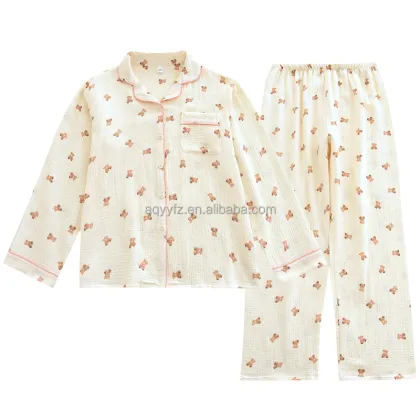 Cartoon Printed Cotton Gauze Pajamas Set for Women - Autumn Long-Sleeved Sleepwear