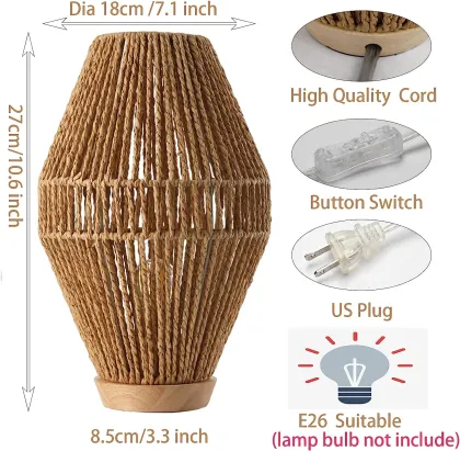 Retro Chinese Hemp Rope Table Lamp - Handmade Rattan Bedside Light for B&B Bedrooms