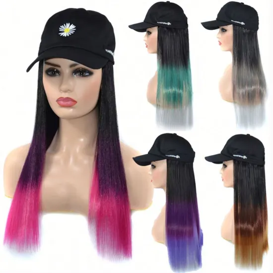MYZYR Long Curly/straight Wig Hip Hop Hat Synthetic Adjustable Baseball Cap Wig Fake Hair Natural with Hat Embroidery for Women