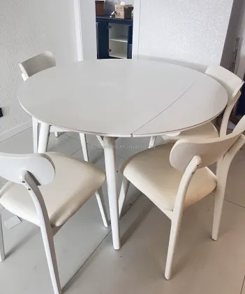 Creamy Style White Sintered Stone Dining Table Set - Telescoping Retractable Home Restaurant Hotel Folding Round Table Set