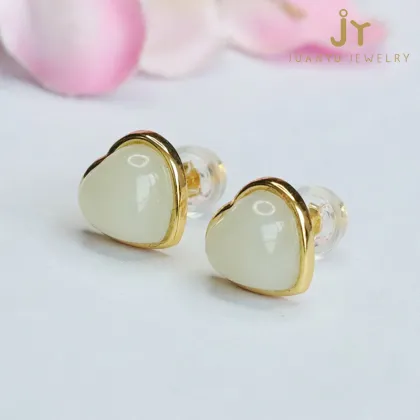 925 Sterling Silver Heart-Shaped Jade Earrings with Gold Plating - High Quality Hetian Natural Jewelry
