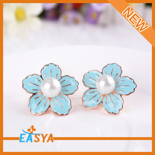 Mode blauwe emaille bloem Stud Earring met Pearl