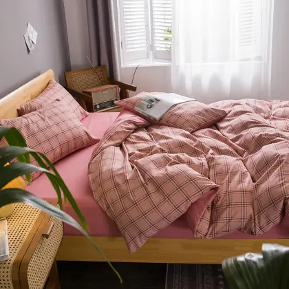 Japan Style Pink Grid Quilt Cover Bedding Set