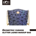 Bolsa de maquiagem feminina geométrica com glitter em couro genuíno