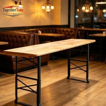 Solid Wood Iron Frame Outdoor Picnic Barbecue Table for Home Business, Simple Pastoral Foldable Beer Table