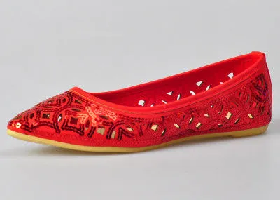 Red / White Color Womens Ballerina Flats With Sequin Upper Material