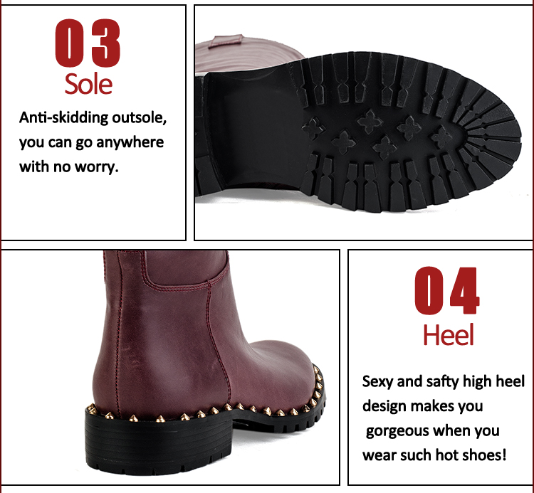 red flat women rivet boots with fur