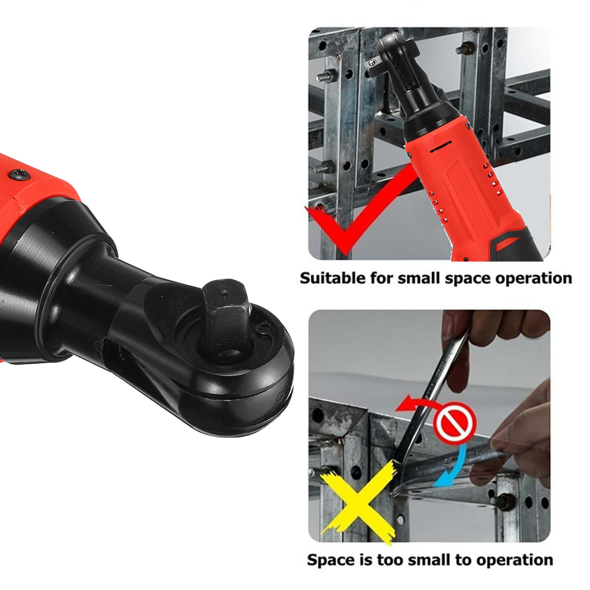 Electric Wrench 3/8" Cordless Ratchet 12V Rechargeable Scaffolding 65N.m Right Angle Wrench Tools with 2Pcs Battery Charger Kit