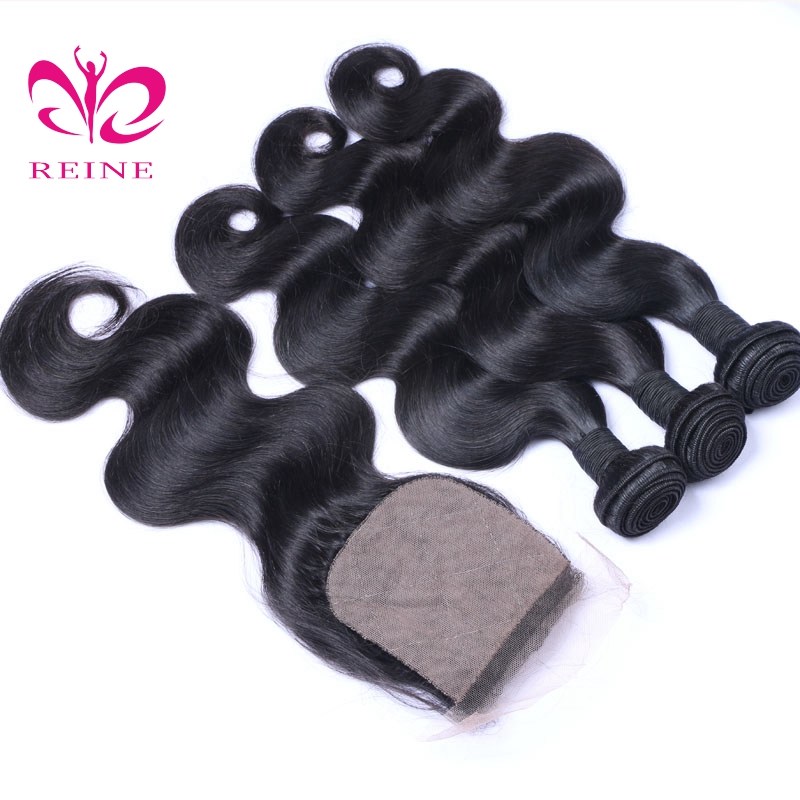 Brazilian body wave Remy Hair with silk base Closure Natural Color 8~20 inch in Stock Free/Middle/  Three Part With Baby Hair