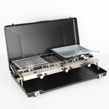 Portable Three-Burner Camping Gas Stove with Grill Plate: Perfect for Outdoor Adventures, Picnics, and Camping Trips