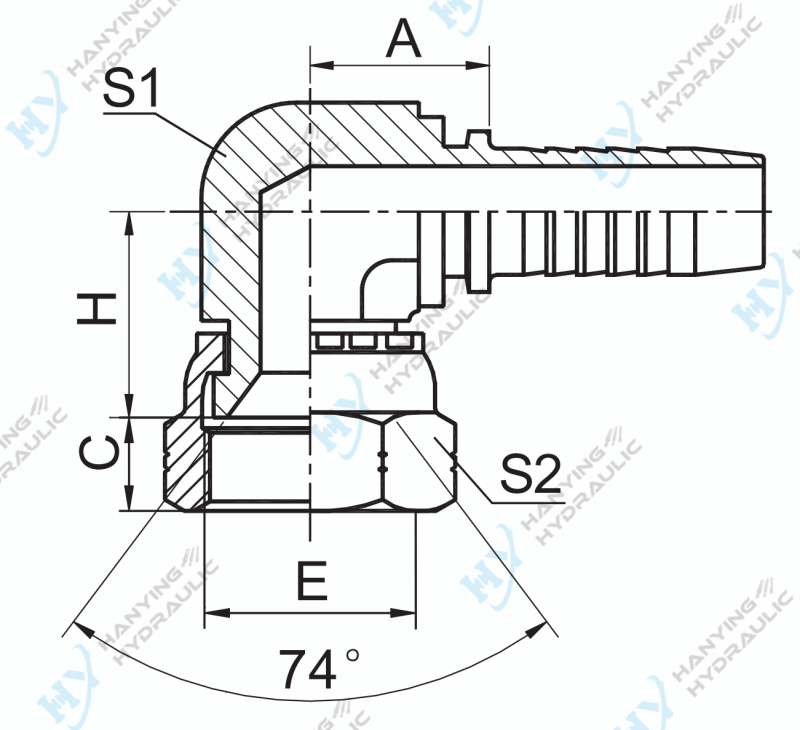 90 Degree Jic Compact Female 74 Degree Cone Seat Drawing