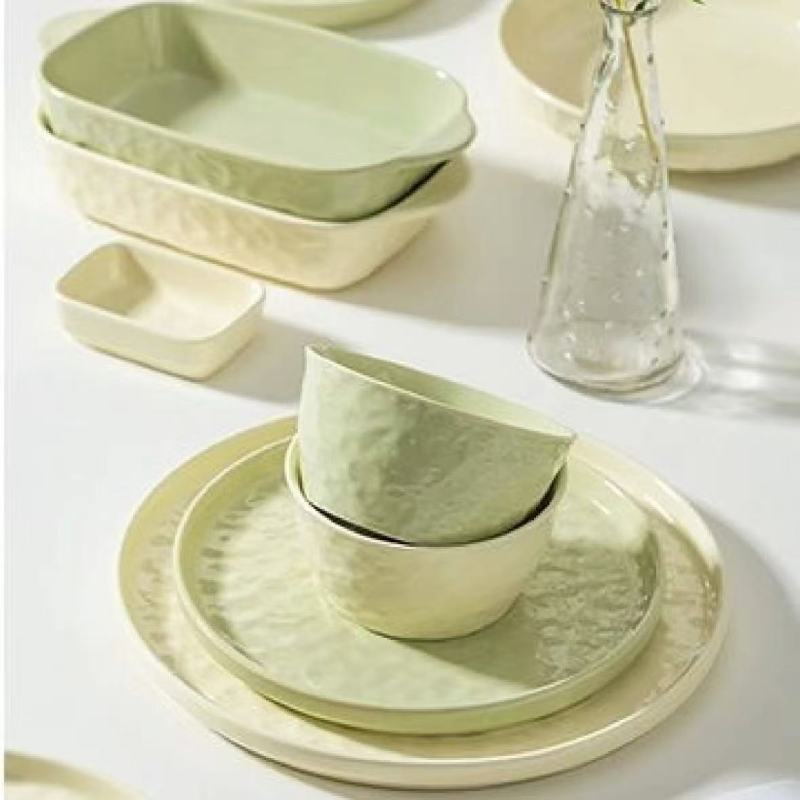 Elegant Asian-Inspired Dinnerware Set with Textured Green Finish
