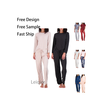 Custom Logo Soft Skin Pajamas Set - Long Sleeve Polka Dot Print For Women