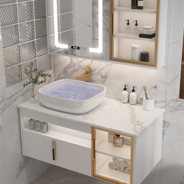 Modern Double Sink Vanity with Waterproof Wooden Cabinet and Smart Mirror for Hotel Bathroom